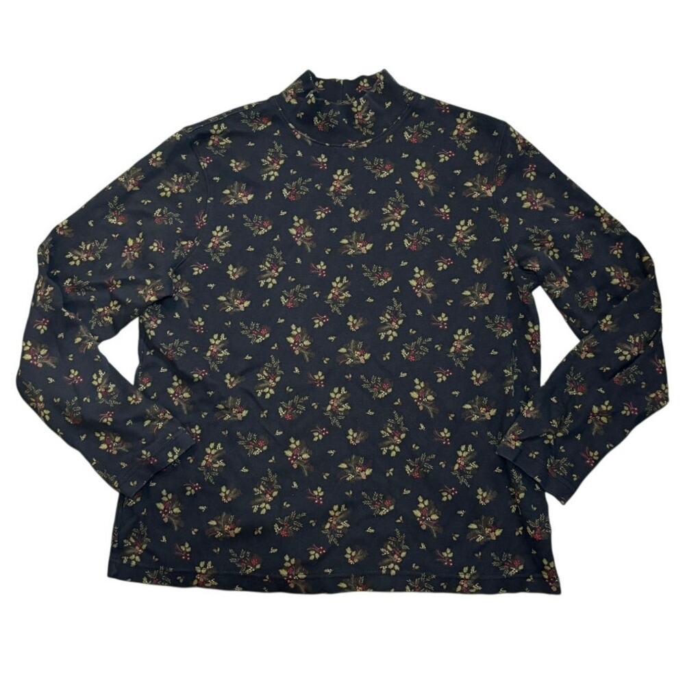 Croft & Barrow Black Holly Leaf Print Turtleneck 100% Cotton Size XL
